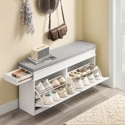 SoBuy Banc Rangement Chaussures 2 Abattants avec Coussin Amovible Effet Bois Vieilli Blanc