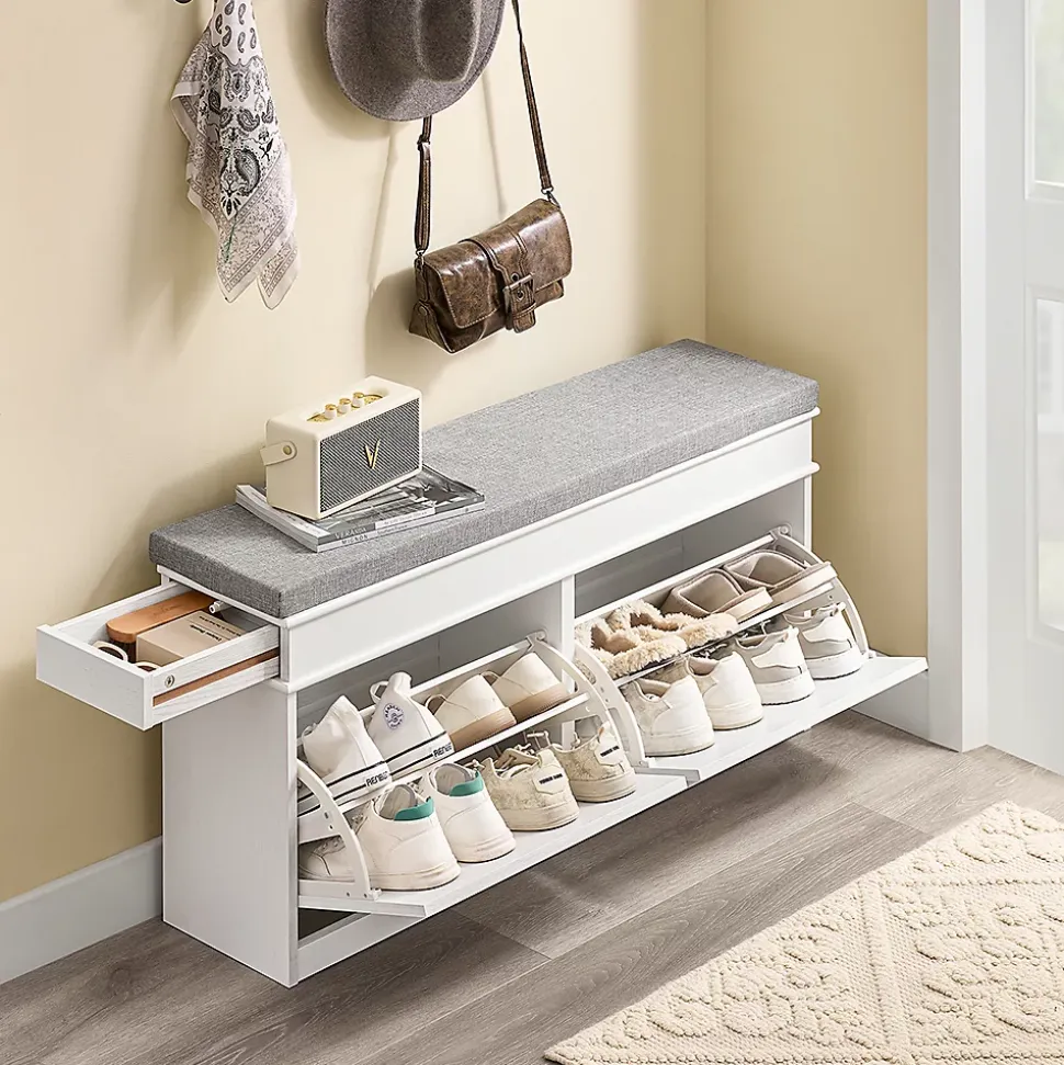 SoBuy Banc Rangement Chaussures 2 Abattants avec Coussin Amovible Effet Bois Vieilli Blanc