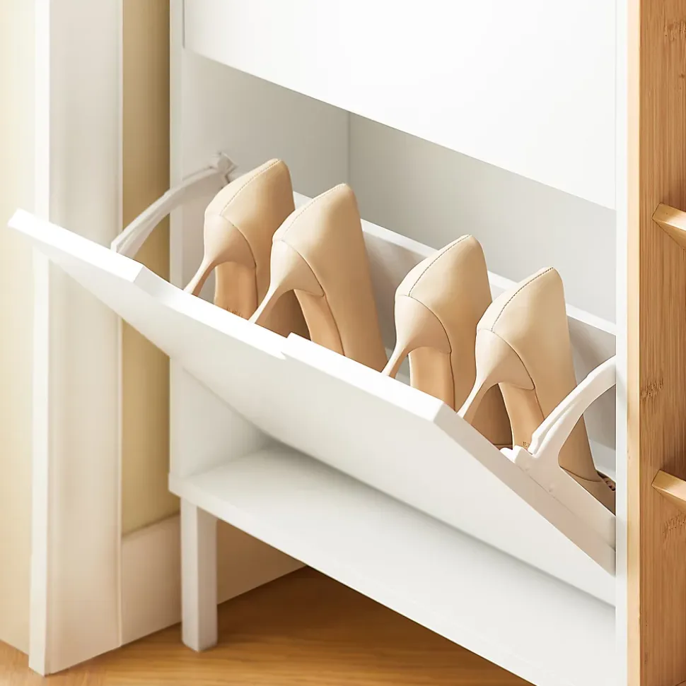 SoBuy FSR183-WN Meuble Chaussure, Armoire à Chaussures , Commode à 4 Abattants et 3 Compartiments