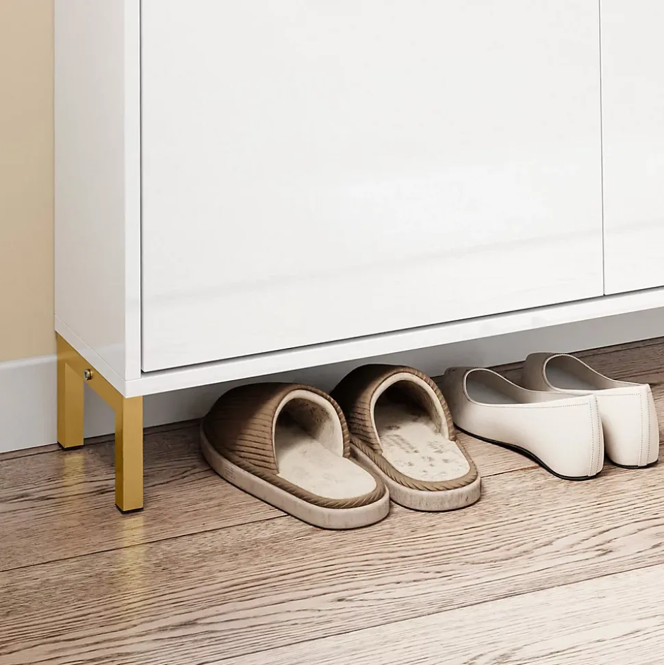 SoBuy Meuble à Chaussures Blanc 4 Portes Pliable avec Poignées Dorées