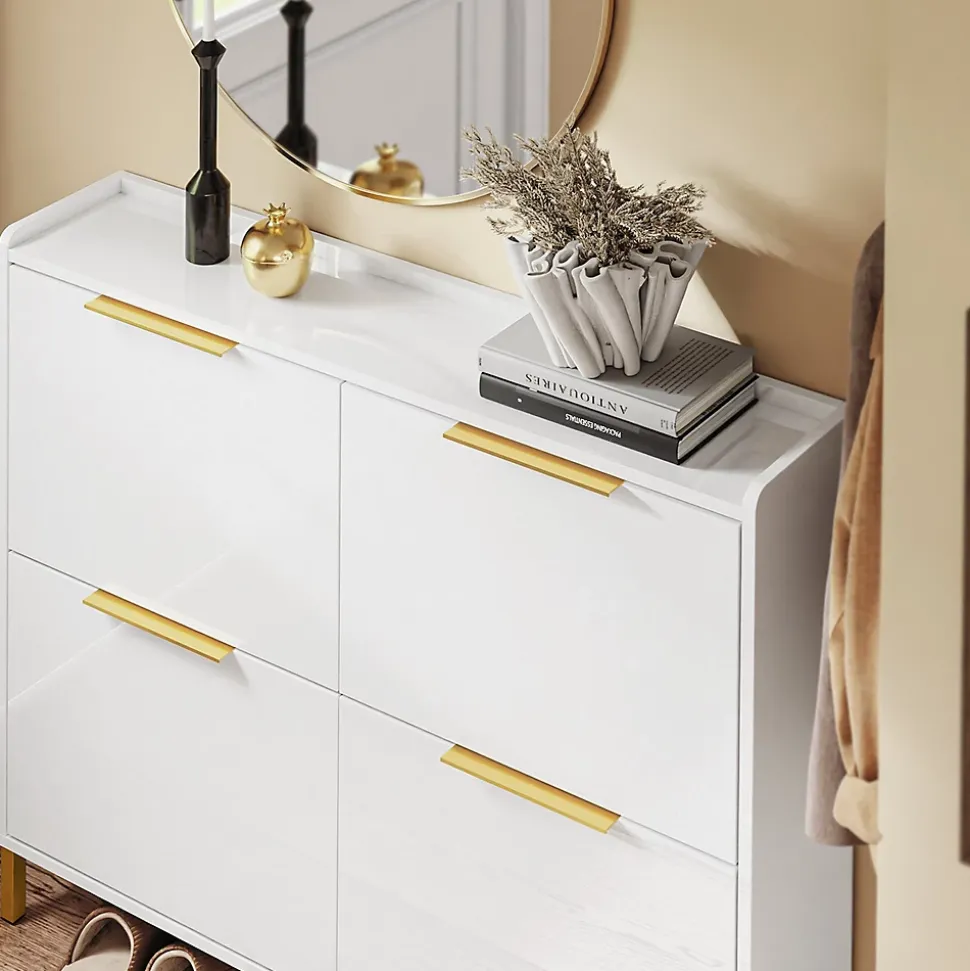 SoBuy Meuble à Chaussures Blanc 4 Portes Pliable avec Poignées Dorées