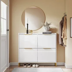 SoBuy Meuble à Chaussures Blanc 4 Portes Pliable avec Poignées Dorées