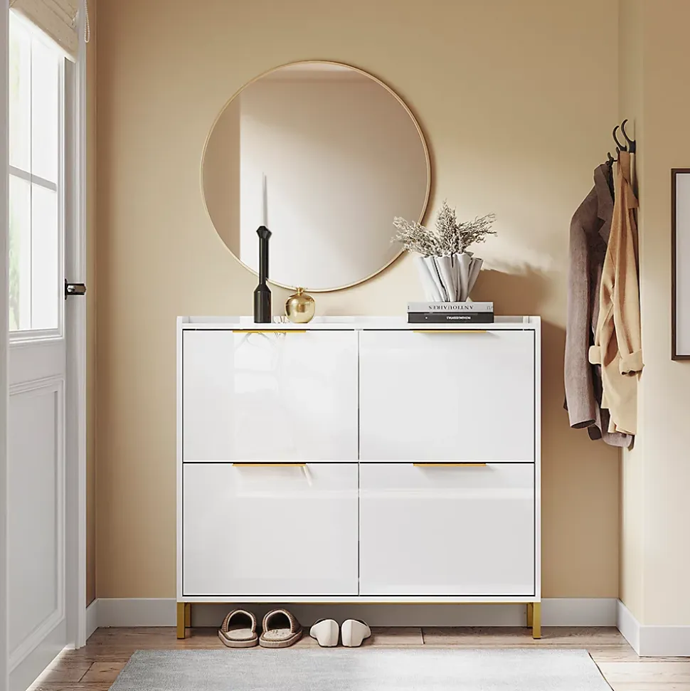SoBuy Meuble à Chaussures Blanc 4 Portes Pliable avec Poignées Dorées