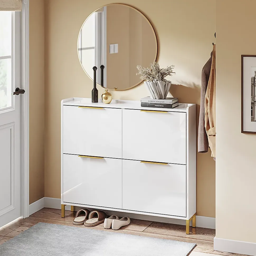 SoBuy Meuble à Chaussures Blanc 4 Portes Pliable avec Poignées Dorées