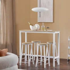 SoBuy OGT22-WN Set de Table + 4 Tabourets Ensemble Table de Bar Bistrot + 4 Tabourets de Bar avec Repose-Pieds(Blanc)