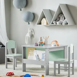 SoBuy Table Enfant avec 2 Chaises, Bureau avec Étagères à Livres, Gris et Vert