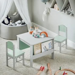 SoBuy Table Enfant avec 2 Chaises, Bureau avec Étagères à Livres, Gris et Vert
