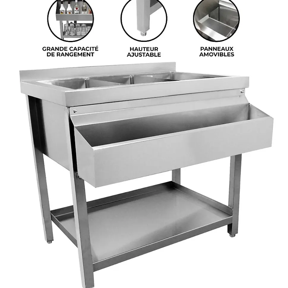 Station de bar à cocktails avec évier de bar en acier inoxydable sur pied