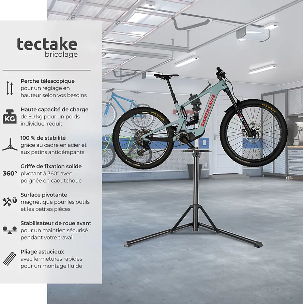 Support de réparation en acier enduit de poudre pour vélo pliable jusqu'à 50 kg hauteur réglable TECTAKE