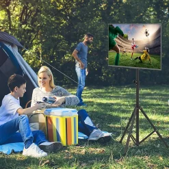 Support de Sol Trépied pour TV Ecran, Support TV Pliable avec Fixation du Moniteur et Tige de Levage, 5 Hauteur Réglable, Noir