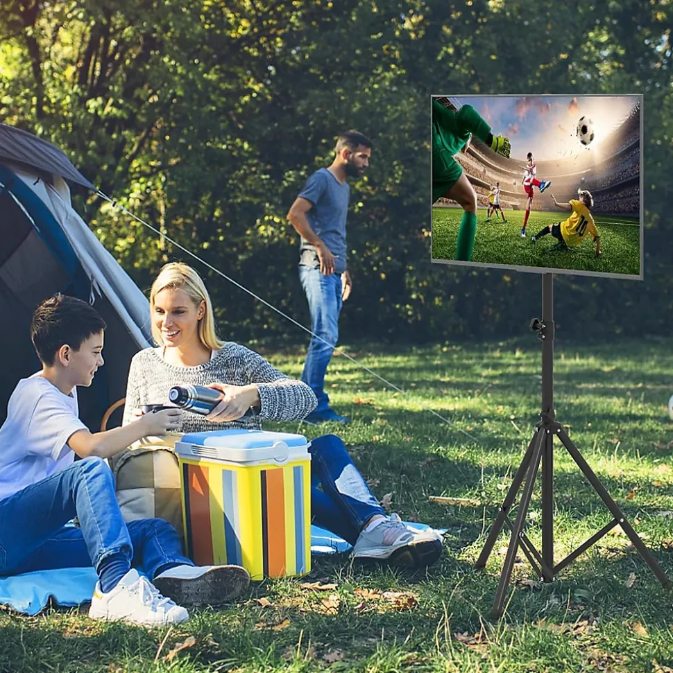Support de Sol Trépied pour TV Ecran, Support TV Pliable avec Fixation du Moniteur et Tige de Levage, 5 Hauteur Réglable, Noir