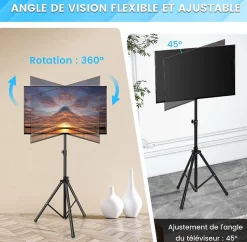 Support de Sol Trépied pour TV Ecran, Support TV Pliable avec Fixation du Moniteur et Tige de Levage, 5 Hauteur Réglable, Noir