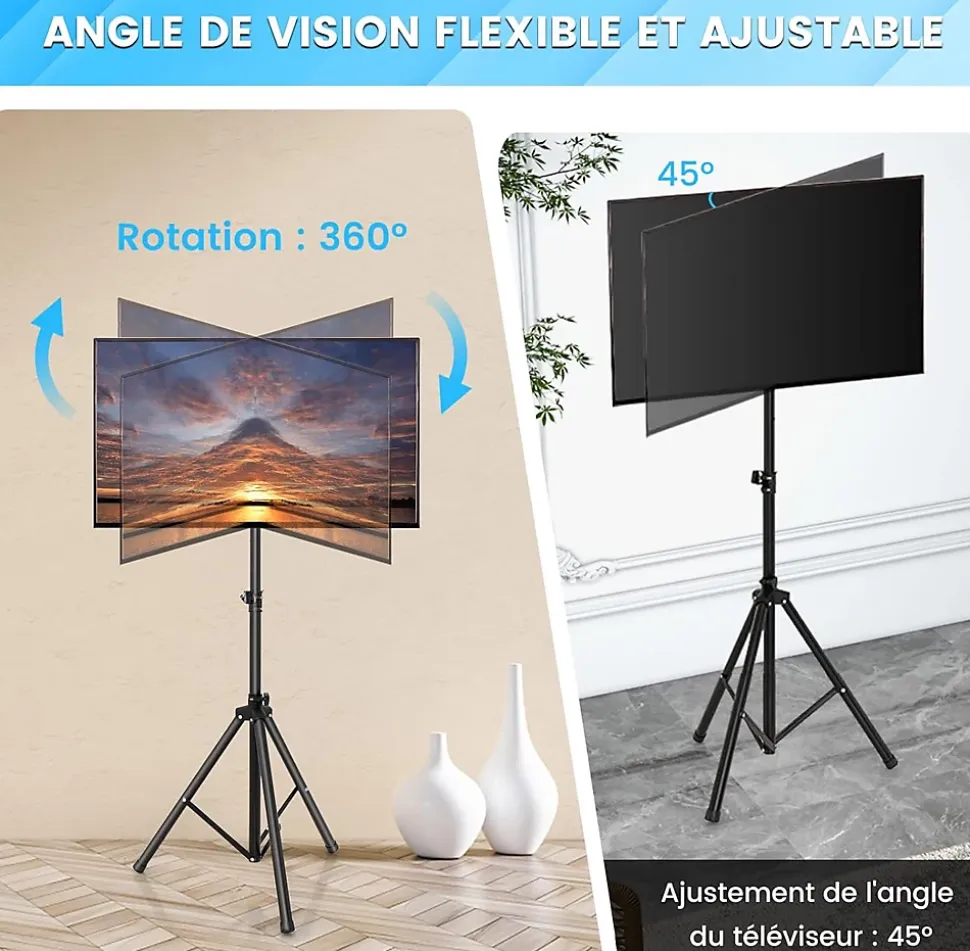 Support de Sol Trépied pour TV Ecran, Support TV Pliable avec Fixation du Moniteur et Tige de Levage, 5 Hauteur Réglable, Noir