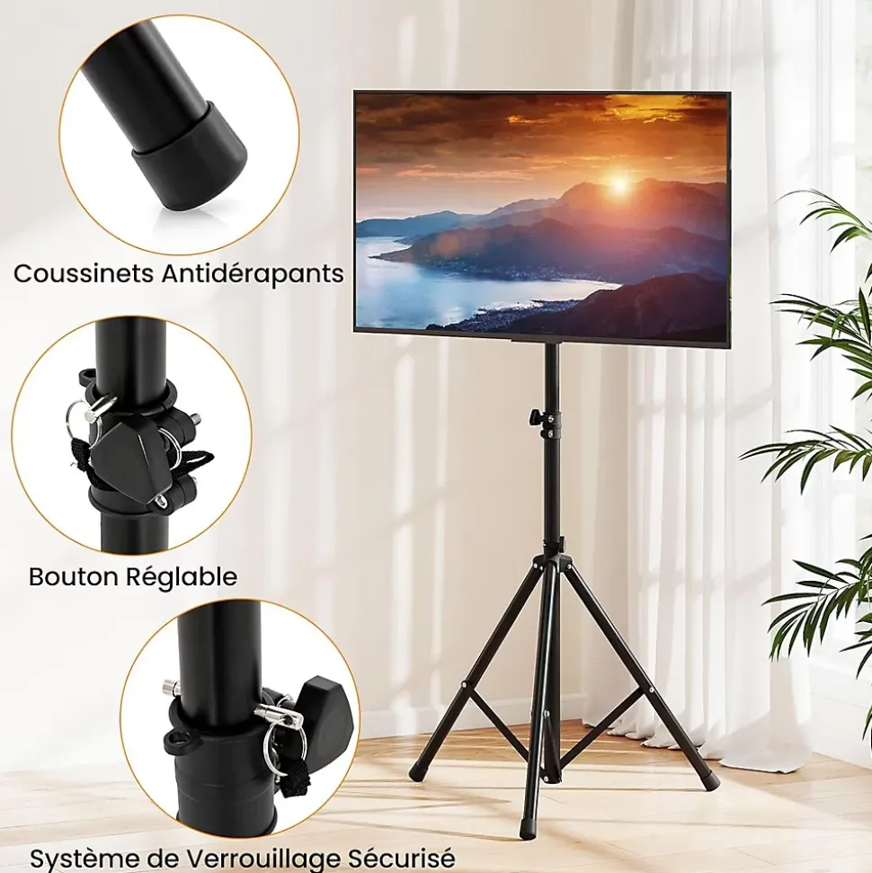 Support de Sol Trépied pour TV Ecran, Support TV Pliable avec Fixation du Moniteur et Tige de Levage, 5 Hauteur Réglable, Noir