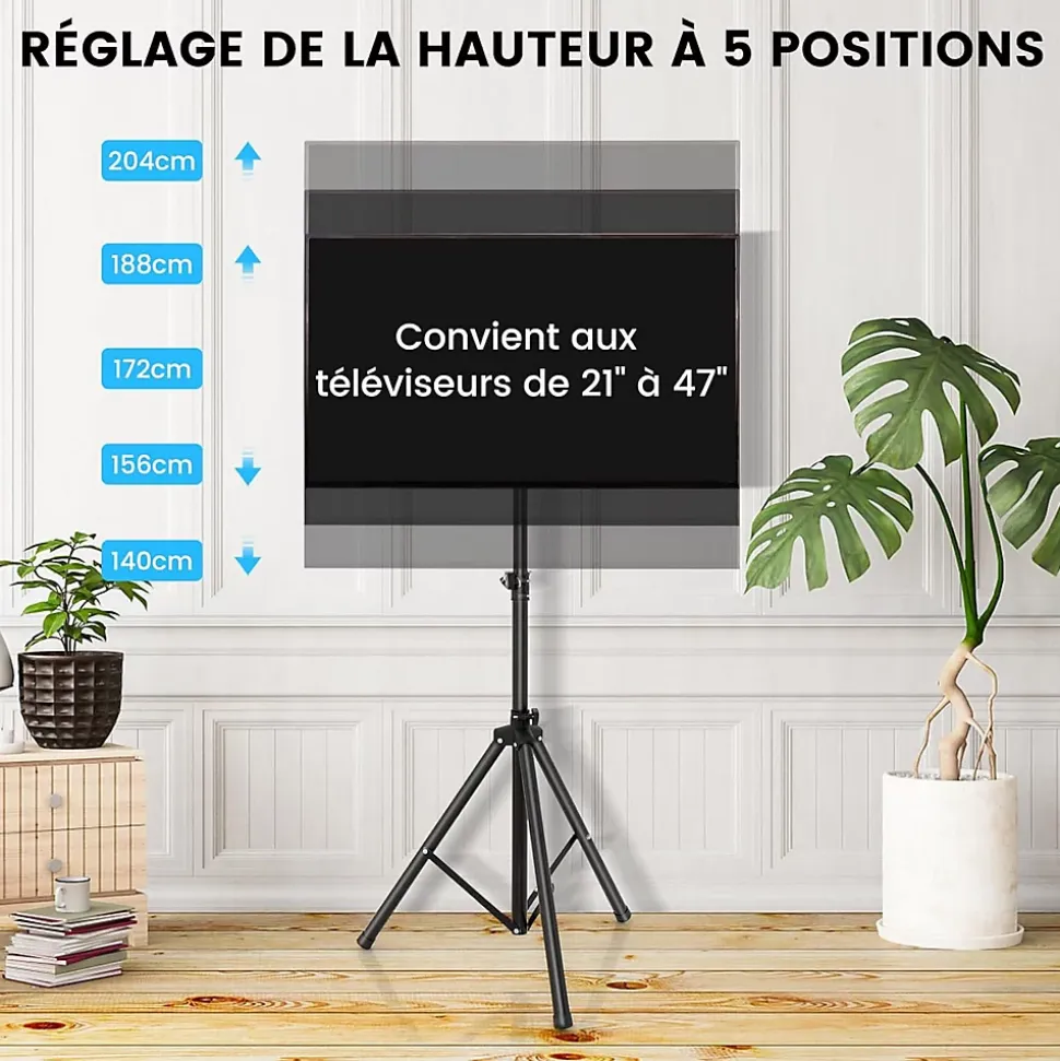 Support de Sol Trépied pour TV Ecran, Support TV Pliable avec Fixation du Moniteur et Tige de Levage, 5 Hauteur Réglable, Noir