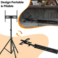 Support de Sol Trépied pour TV Ecran, Support TV Pliable avec Fixation du Moniteur et Tige de Levage, 5 Hauteur Réglable, Noir