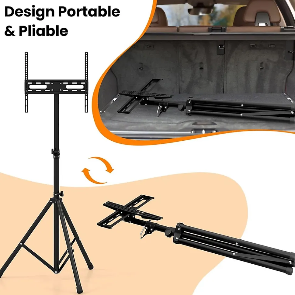 Support de Sol Trépied pour TV Ecran, Support TV Pliable avec Fixation du Moniteur et Tige de Levage, 5 Hauteur Réglable, Noir