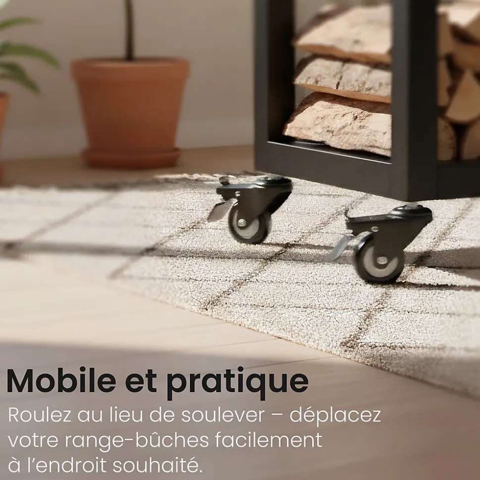 Support en métal avec roulettes, étagère robuste, stockage bois de chauffage salon Noir/25x100x150cm