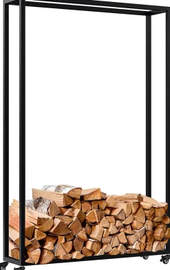 Support en métal avec roulettes, étagère robuste, stockage bois de chauffage salon Noir/25x100x150cm