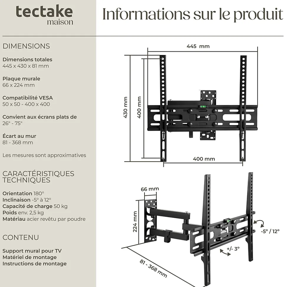 Support mural de télévision téléscopique Pour 26 - 75 pouces (66 - 191 cm)