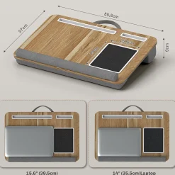 Support ordinateur laptop - plateau lit - table de lit avec coussinets et rangements - aspect chêne clair