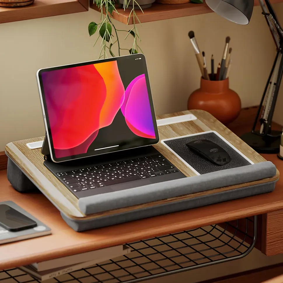 Support ordinateur laptop - plateau lit - table de lit avec coussinets et rangements - aspect chêne clair