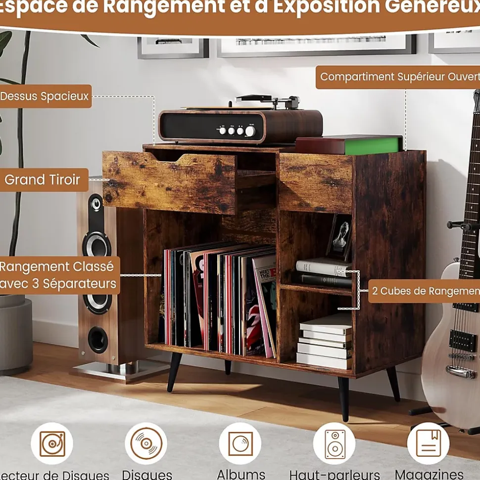 Support pour Tourne-disques avec Rallonge Électrique,Tiroir,3 Diviseurs,Kit Anti-basculement et Pieds Métalliques,80x40x79CM