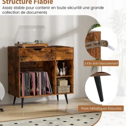 Support pour Tourne-disques avec Rallonge Électrique,Tiroir,3 Diviseurs,Kit Anti-basculement et Pieds Métalliques,80x40x79CM