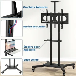 Support TV à roulettes, Hauteur Réglable pour Écrans Plats Incurvés 81 à 178cm, Chariot TV Base en H et roulettes Verrouillable