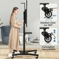 Support TV à roulettes, Hauteur Réglable pour Écrans Plats Incurvés 81 à 178cm, Chariot TV Base en H et roulettes Verrouillable