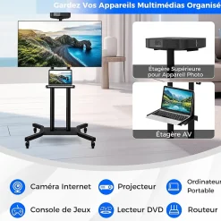 Support TV à roulettes, Hauteur Réglable pour Écrans Plats Incurvés 81 à 178cm, Chariot TV Base en H et roulettes Verrouillable