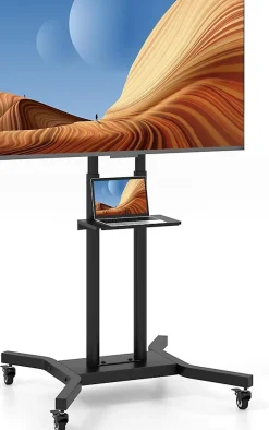 Support TV à roulettes, Hauteur Réglable pour Écrans Plats Incurvés 81 à 178cm, Chariot TV Base en H et roulettes Verrouillable