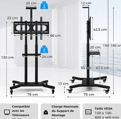 Support TV à roulettes, Hauteur Réglable pour Écrans Plats Incurvés 81 à 178cm, Chariot TV Base en H et roulettes Verrouillable