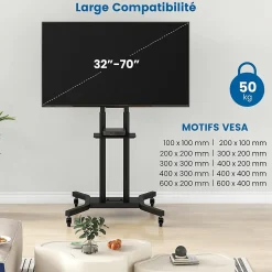Support TV à roulettes, Hauteur Réglable pour Écrans Plats Incurvés 81 à 178cm, Chariot TV Base en H et roulettes Verrouillable