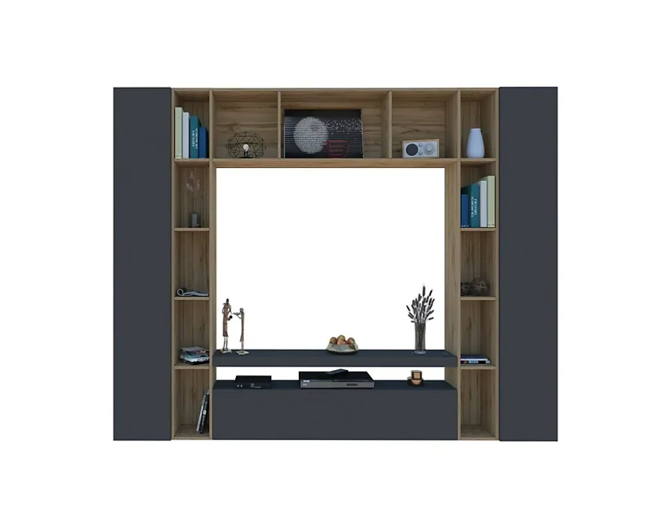 Système mural Gilberto, meuble TV 3 portes, Meuble de salon polyvalent, 100% Made in Italy, 270x35h210 cm, Anthracite et Chêne
