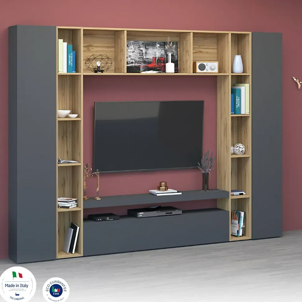 Système mural Gilberto, meuble TV 3 portes, Meuble de salon polyvalent, 100% Made in Italy, 270x35h210 cm, Anthracite et Chêne