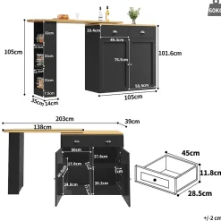 Table à Manger - Buffet Pivotant avec 2 Portes et 2 Tiroirs, Meuble de Rangement MDF 138-203x39x105 cm, Noir + Naturel