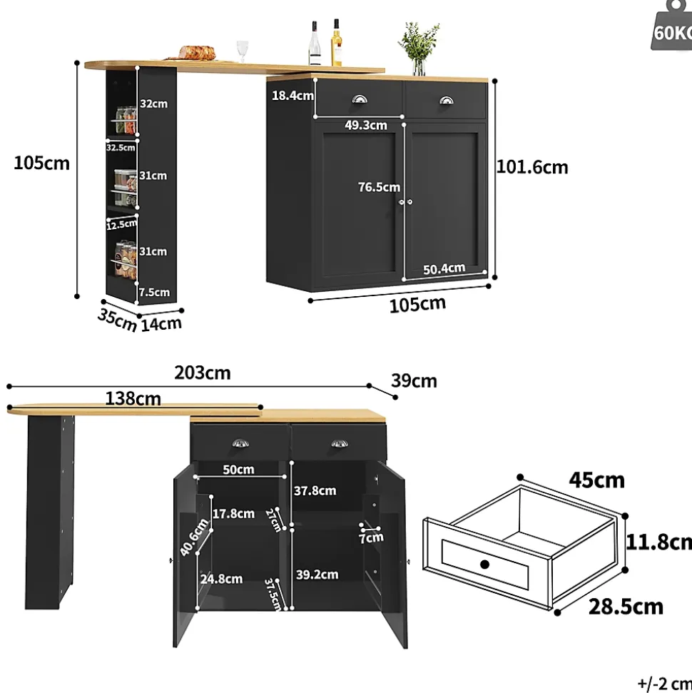 Table à Manger - Buffet Pivotant avec 2 Portes et 2 Tiroirs, Meuble de Rangement MDF 138-203x39x105 cm, Noir + Naturel