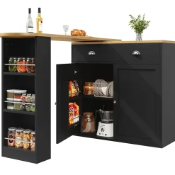 Table à Manger - Buffet Pivotant avec 2 Portes et 2 Tiroirs, Meuble de Rangement MDF 138-203x39x105 cm, Noir + Naturel