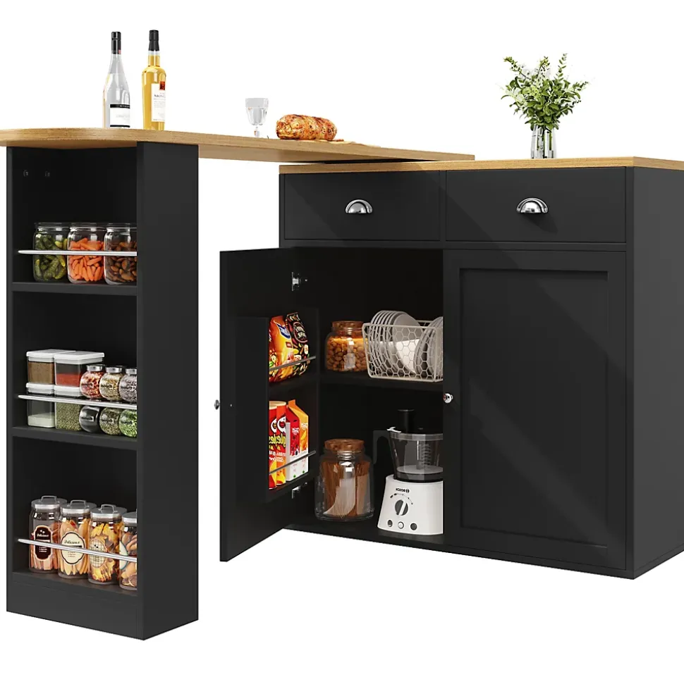 Table à Manger - Buffet Pivotant avec 2 Portes et 2 Tiroirs, Meuble de Rangement MDF 138-203x39x105 cm, Noir + Naturel