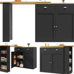 Table à Manger - Buffet Pivotant avec 2 Portes et 2 Tiroirs, Meuble de Rangement MDF 138-203x39x105 cm, Noir + Naturel