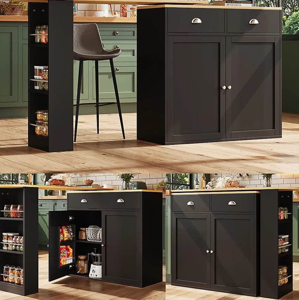 Table à Manger - Buffet Pivotant avec 2 Portes et 2 Tiroirs, Meuble de Rangement MDF 138-203x39x105 cm, Noir + Naturel