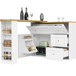 Table à Manger - Table de Bar avec Rangement, Ilot de Cuisine et Meuble Bar, MDF et Métal, 138-204 x 39 x 105 cm, Blanc