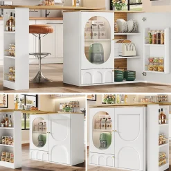 Table à manger avec buffet pivotant, 3 portes et rangements à séparateurs amovibles, MDF métal, 204x39x105 cm blanc