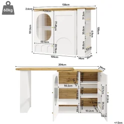 Table à manger avec buffet pivotant, 3 portes et rangements à séparateurs amovibles, MDF métal, 204x39x105 cm blanc