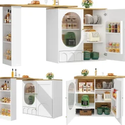 Table à manger avec buffet pivotant, 3 portes et rangements à séparateurs amovibles, MDF métal, 204x39x105 cm blanc