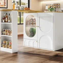 Table à manger avec buffet pivotant, 3 portes et rangements à séparateurs amovibles, MDF métal, 204x39x105 cm blanc