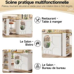 Table à manger avec buffet pivotant, 3 portes et rangements à séparateurs amovibles, MDF métal, 204x39x105 cm blanc