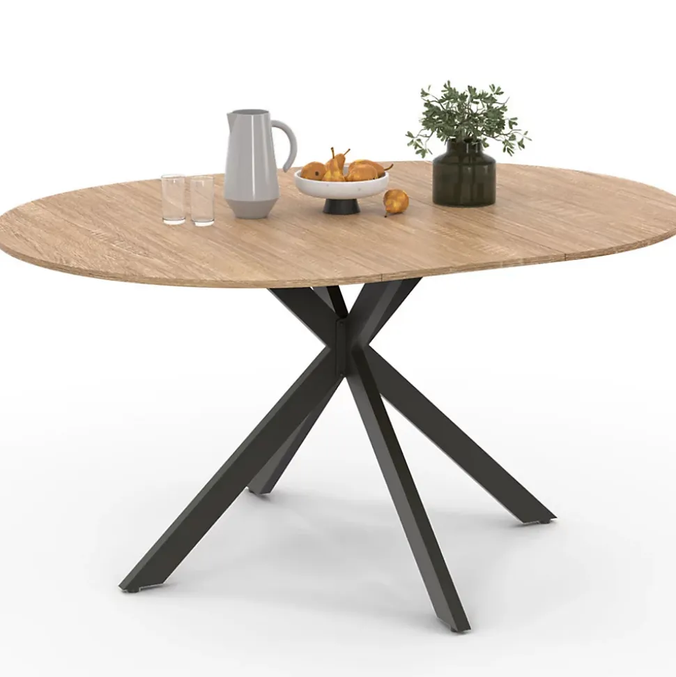 Table à manger extensible ronde ALIX 4-8 personnes pied araignée bois et noir 110-150 cm