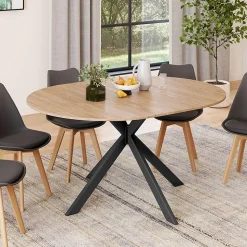 Table à manger extensible ronde ALIX 4-8 personnes pied araignée bois et noir 110-150 cm